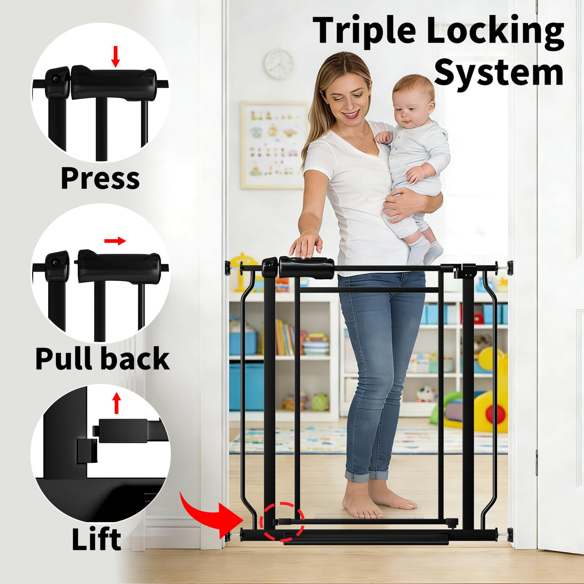 66.93-74.8" Extra-Wide No-Drill Pressure-Mounted Pet & Child Safety Gate with Auto-Close Walk-Through Door for Stairs, Hallways & Wide Doorways