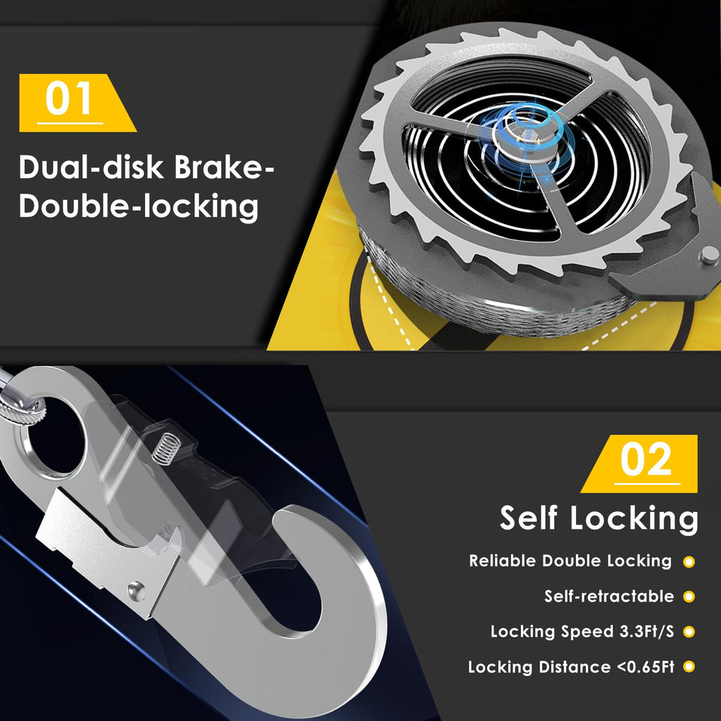 Fall Arrester Protector Self Retractable 33FT Fall Protection Gear Double Locking, Dual PPE+Alloy Steel housing Heavy