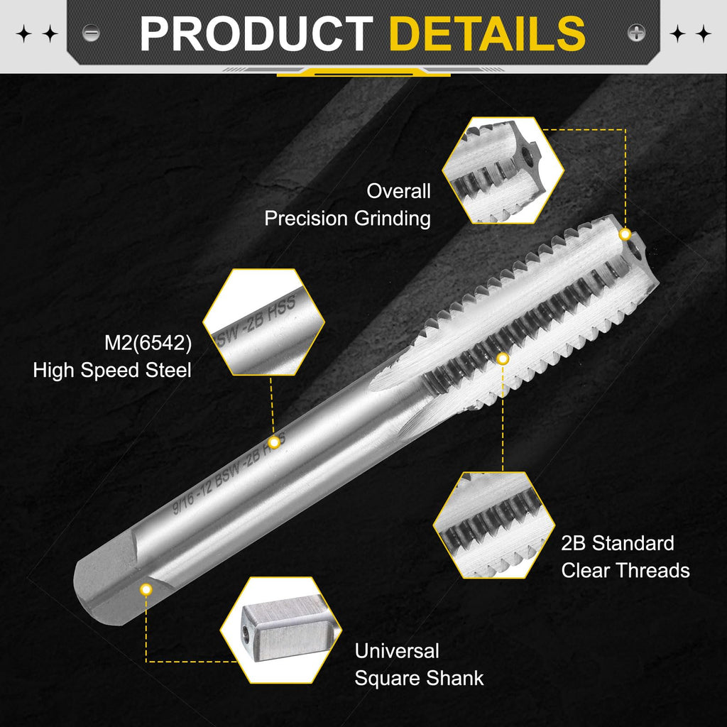 uxcell Hand Bottom Tap 9/16-12 BSW 2B Thread Bottoming Style Threading Taps High Speed Steel HSS6542 Straight Flutes Screw Tapping Tool