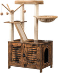 Cat Tree with Litter Box Enclosure, 44" Tall Wooden Cat Tower with Scratching Posts, Cat Hammock, Hidden Litter Box