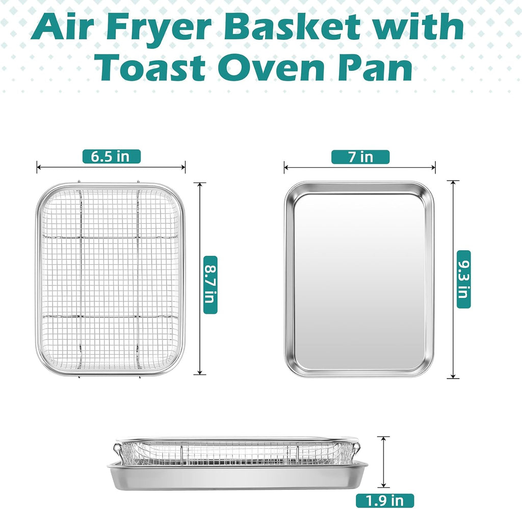 Air Fryer Basket for Oven, 9.3" x 7" Air Fryer Basket and Tray | Stainless Steel, with Grease-Catching Tray, Less Oil