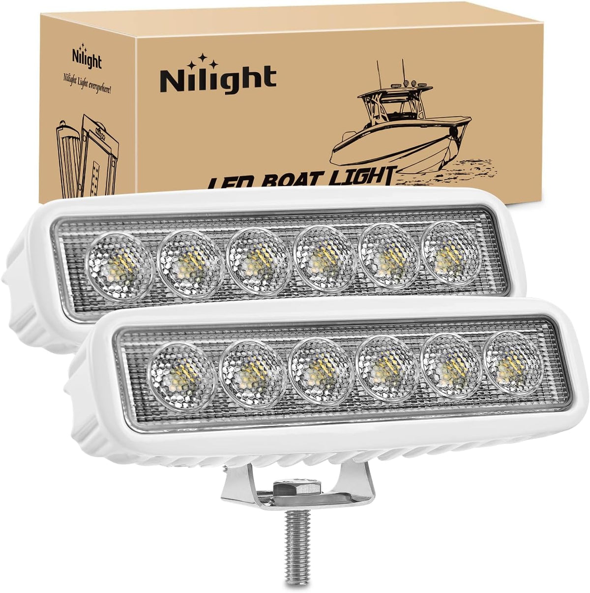 Nilight Marine Led Light Bar 2PCS 18w White 150° Flood Beams Ponton Boat Deck Dock Lights IP67 Waterproof for Night Fishing T-top Stern Yacht Kayak Port Sailboat