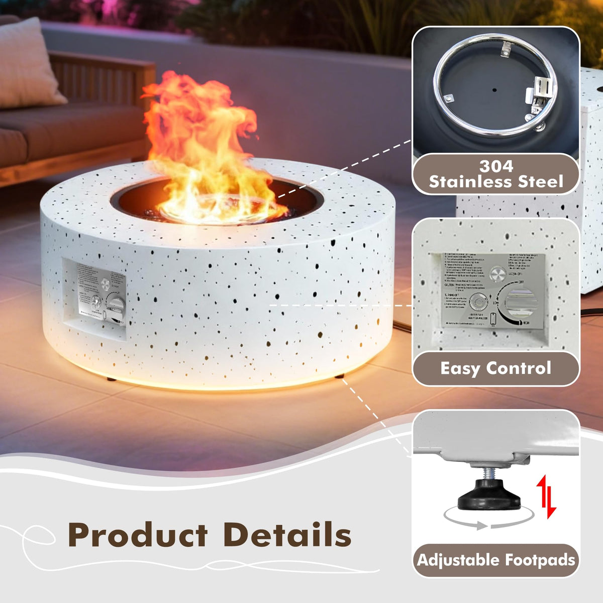 30" Round Outdoor Propane Fire Pit Table with LED for Outside Patio