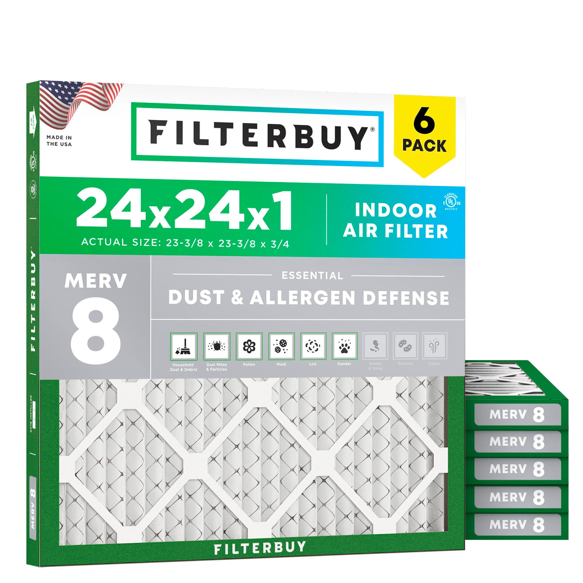 24x24x1 Air Filter MERV 8 Dust & Allergy Defense (6-Pack)