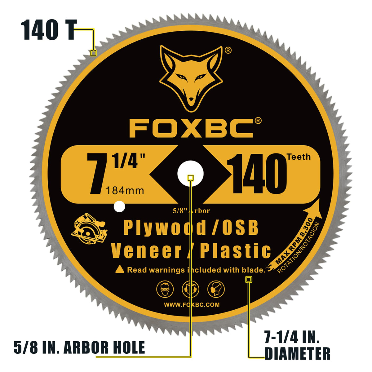 FOXBC 7-1/4 Inch 140 Tooth Fine Finish Carbon Circular Saw Blade for Plywood, OSB, Plastic, Veneer, Vinyl Wood Cutting with 5/8-Inch Diamond Arbor