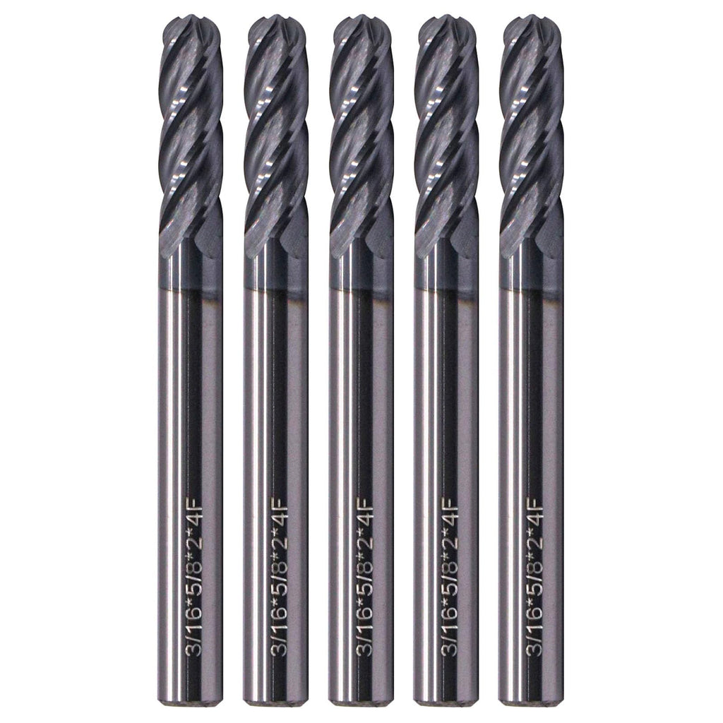 4 Flute Solid Carbide Ball Nose End Mill Set(5Pcs, 3/16"), AlTiN Coated