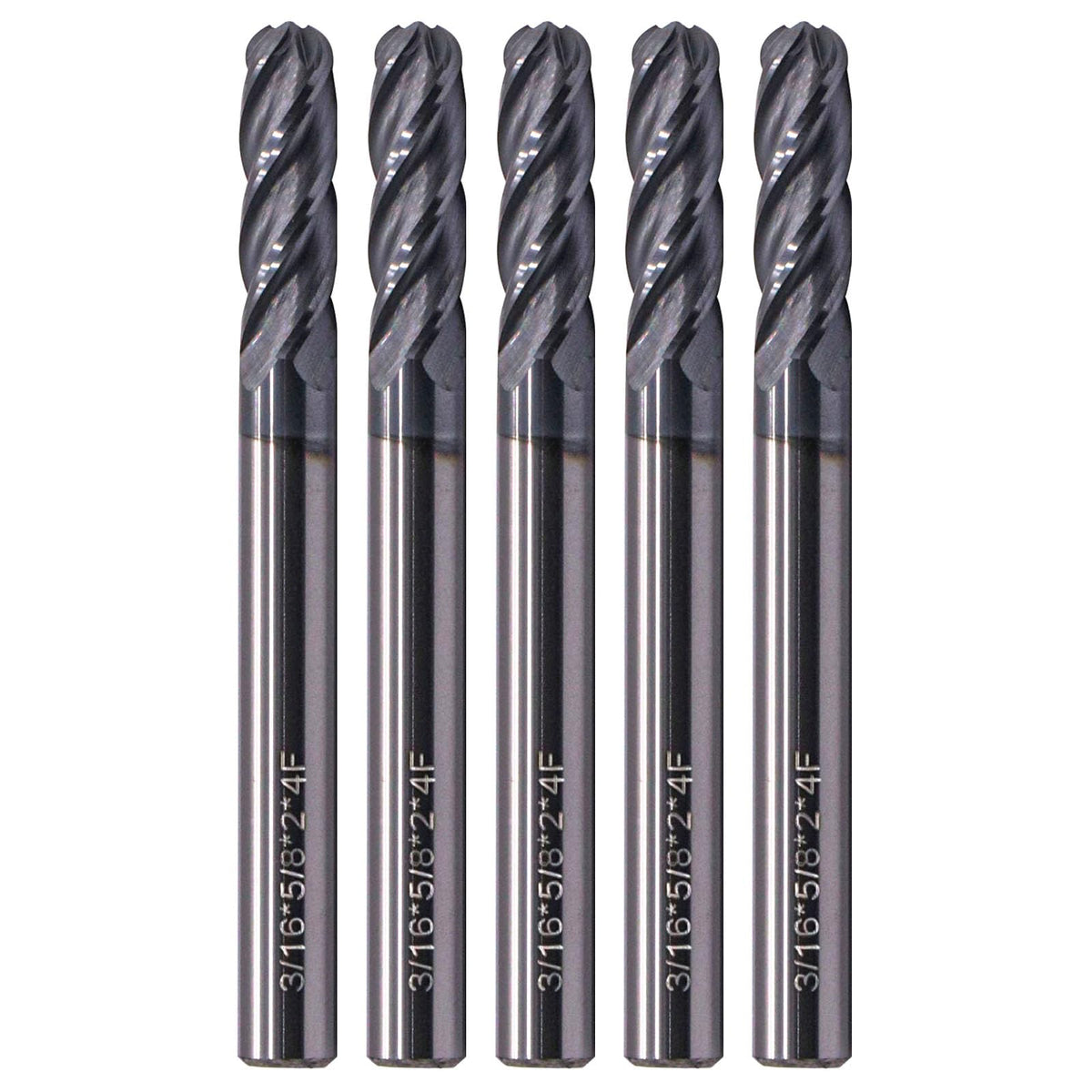 4 Flute Solid Carbide Ball Nose End Mill Set(5Pcs, 3/16"), AlTiN Coated