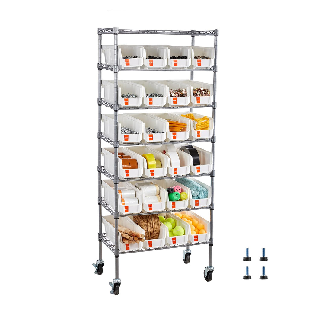 7-Tier Rolling Bin Storage Rack, 24 Small Bins, Bin Rack Storage Steel Wire Shelving System with Wheels, Mobile Tool