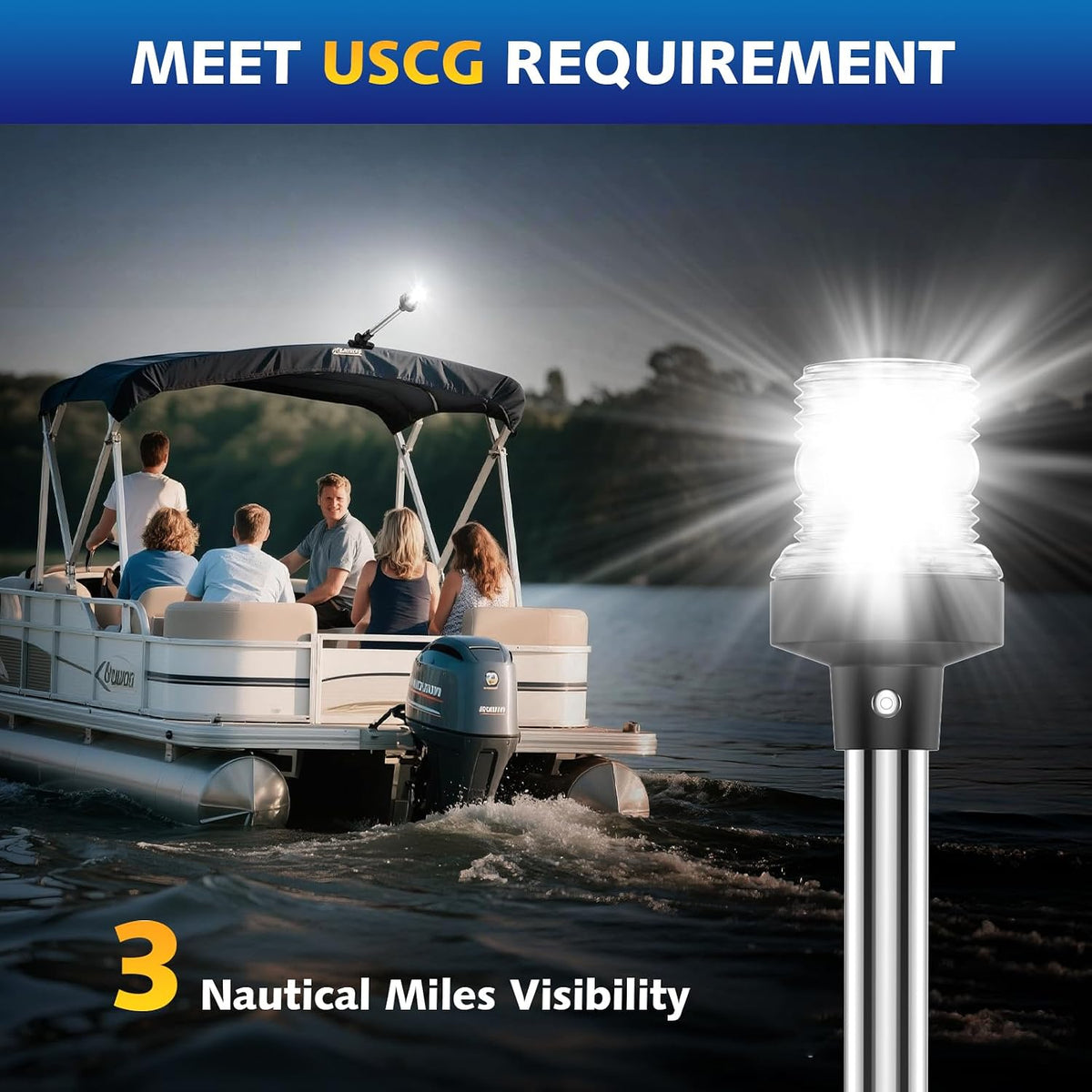 6 Inches Pontoon Stern Light Bimini Mount, Bimini Light for Pontoon Boat LED Waterproof IP67, 3NM Boat Anchor Lights LED Marine Folding Rear White Navigation Running Lights for Night
