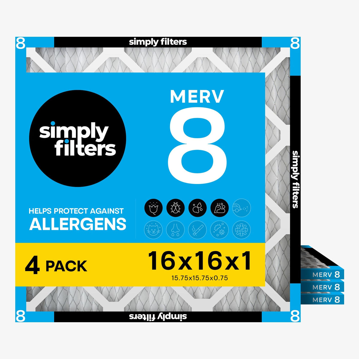 16x16x1 Air Filter, Merv 8, 4 Pack, For Home AC Furnace & HVAC (Actual Size: 15.75"x15.75"x0.75") DUST, Pet, &