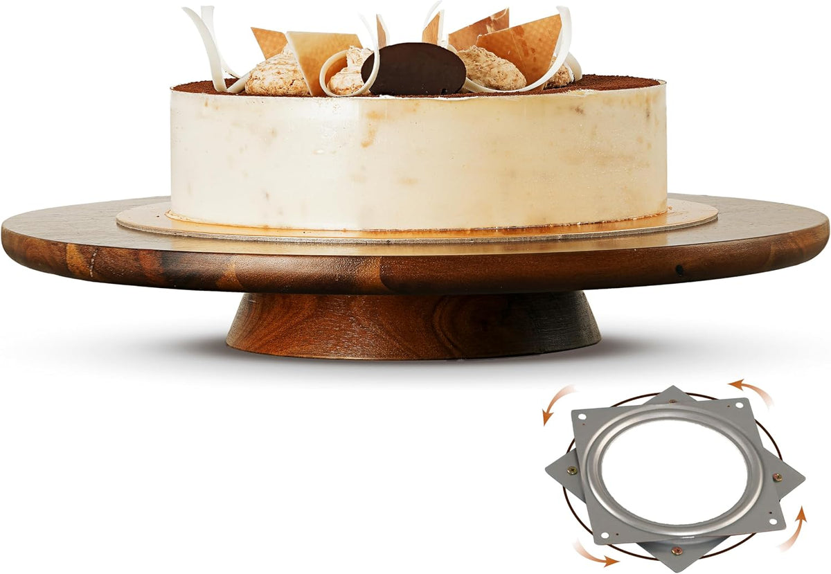 13" Acacia Cake Stand Rotating, Non-Slip Pads, for Sizeable Cakes