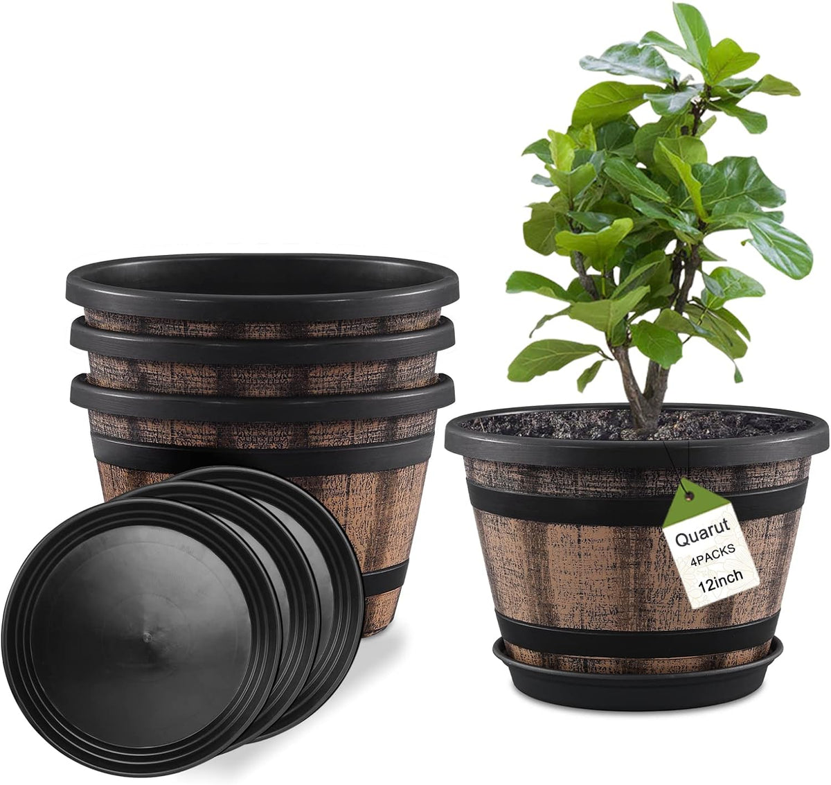 Plant Pots Set of 4 Pack 12 inch,Large Whiskey Barrel Planters with Drainage Holes & Saucer.Plastic Flower Pots