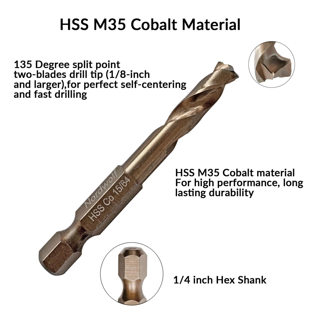 NordWolf 15/64" M35 Cobalt Stubby Drill Bit for Stainless Steel & Hard Metals, with 1/4" Hex Shank for Quick Chucks & Impact Drivers
