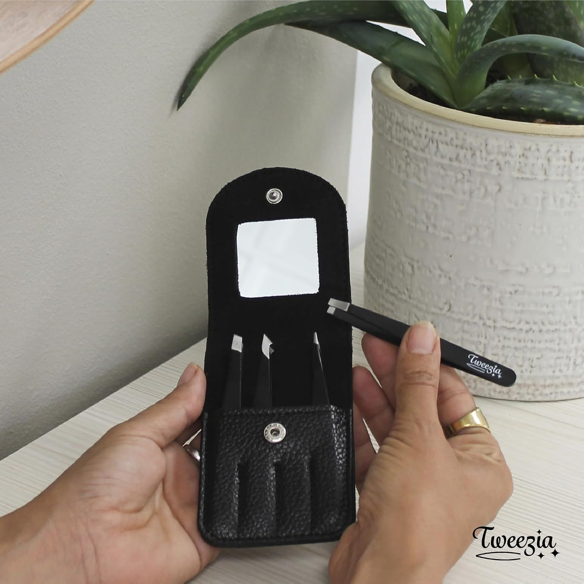 TWEEZIA Stainless Steel Precision Tweezers Set with Mirror Case, 4 Piece