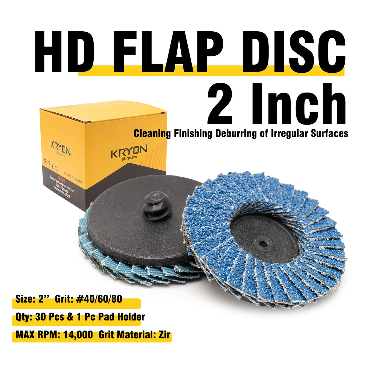 KRYON 2" Zirconia Type R Mini Flap Discs with Backing Pad, 30 Pack