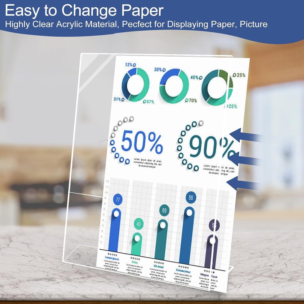 Slanted Back Acrylic Sign Stands 8 x 10, Clear Tabletop Display, Plastic Paper Sign Holder for Office, Home