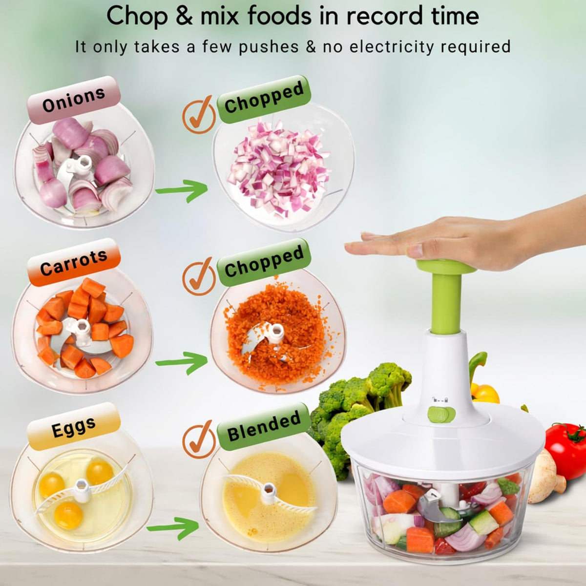 Express Manual Food Chopper, 6.8-Cup Hand Pump Vegetable Chopper to Chop Veggies Onion Garlic Herbs, Tear-Free Onion