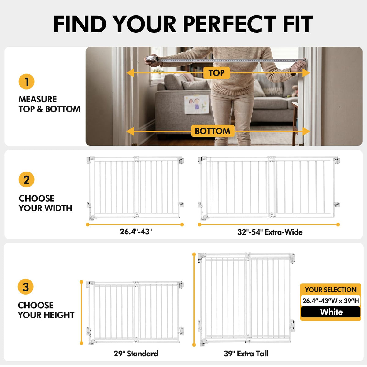 39" H x 26.4-43" W Extra-Tall Adjustable Hardware/Pressure-Mounted Pet & Child Safety Gate with Dual-Lock Walk-Through Swing Door for Stairs, Hallways & Wide Doorways — White