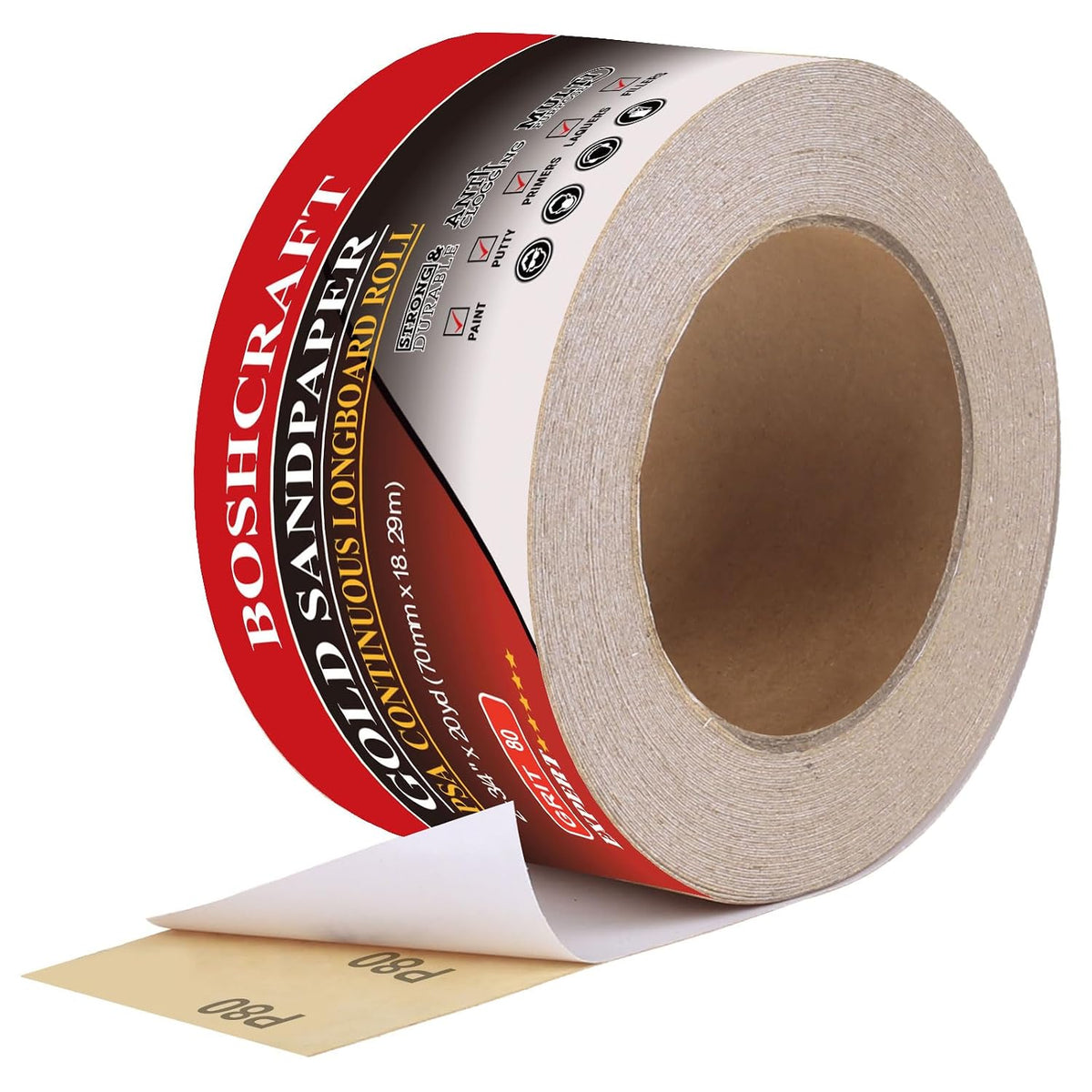 BOSHCRAFT 80 Grit PSA Longboard Sandpaper, 20-Yard Long Continuous Roll 2-3/4" Wide Self-Adhesive Sanding Paper for Auto Body Woodworking Metalworking