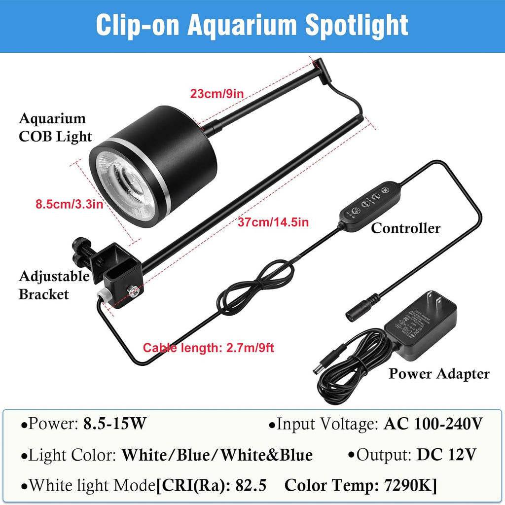 Clip-On Aquarium Spotlight for 30-55cm Reef/Freshwater Tanks, Fish Tank Light with COB LED, White & Blue Color, Auto
