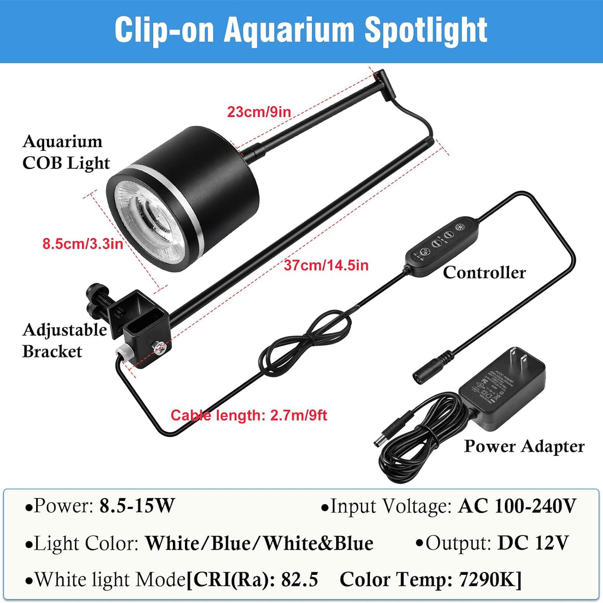 Clip-On Aquarium Spotlight for 30-55cm Reef/Freshwater Tanks, Fish Tank Light with COB LED, White & Blue Color, Auto