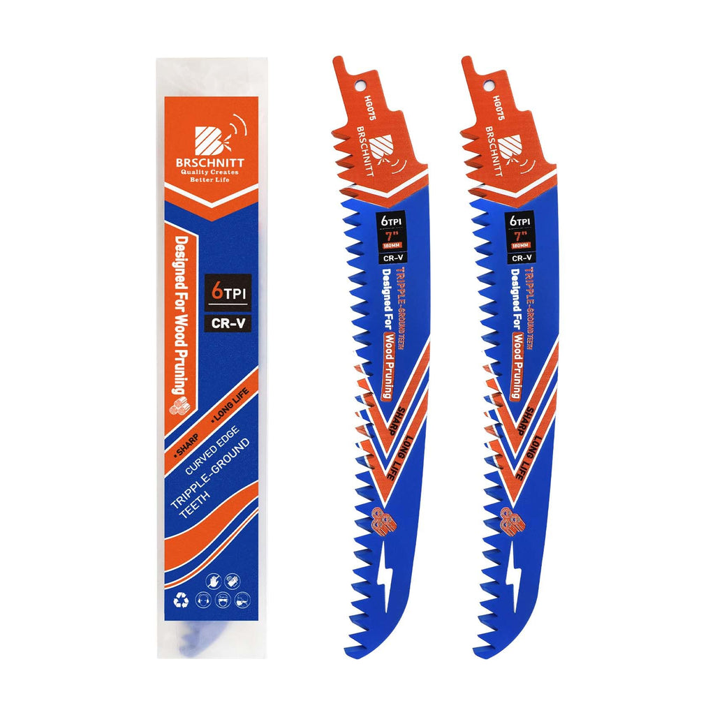 BRSCHNITT Japanese Teeth Reciprocating Saw Blades 7" 2PCS - Curved Edge Wood Pruning Saw Blades 6TPI for Tree Trimming,Wood Cutting,Cr-V Sabre Saw Pruning Blade