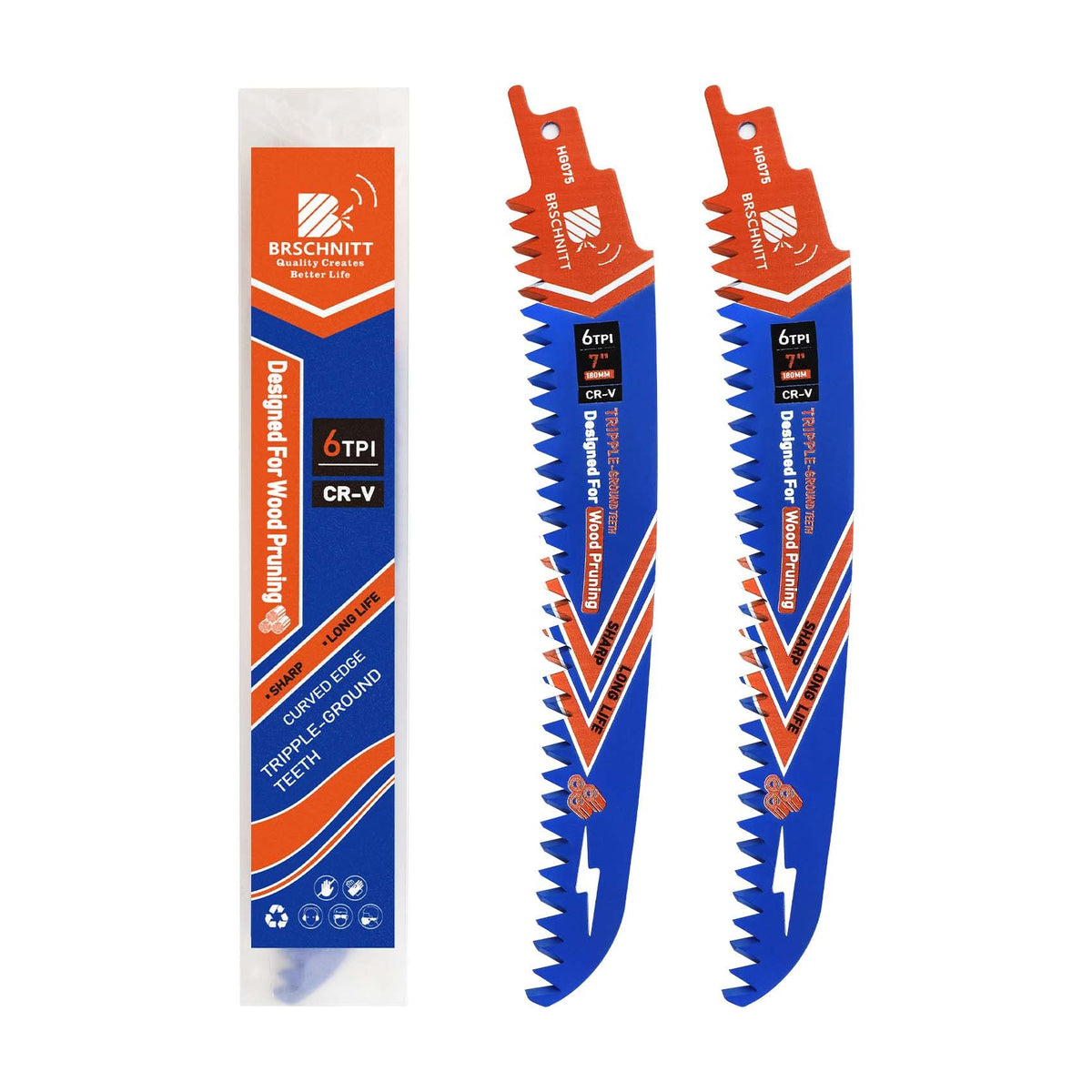 BRSCHNITT Japanese Teeth Reciprocating Saw Blades 7" 2PCS - Curved Edge Wood Pruning Saw Blades 6TPI for Tree Trimming,Wood Cutting,Cr-V Sabre Saw Pruning Blade