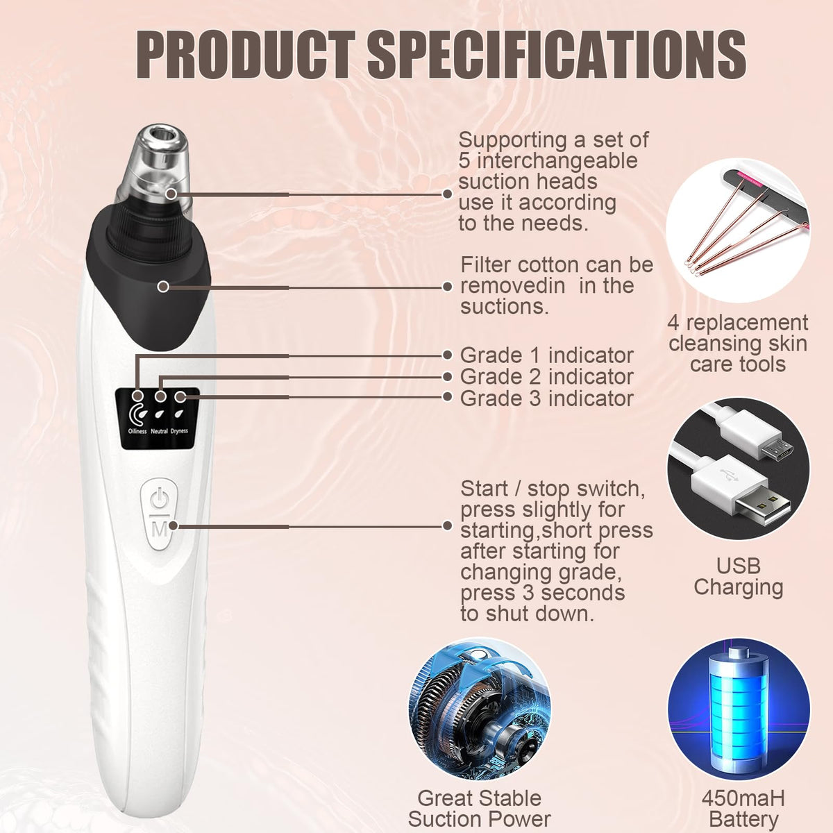 Blackhead Remover Pore Vacuum,Facial Pore Cleaner Blackhead Vacuum (Black)