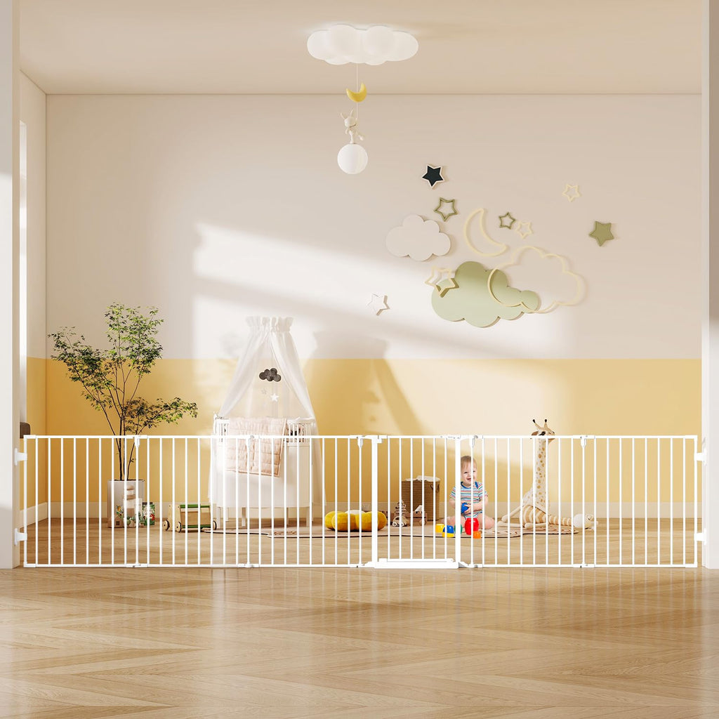 144" Extra-Wide Adjustable Hardware/Pressure-Mounted Pet & Child Safety Gate with Dual-Lock Walk-Through Swing Door for Stairs, Hallways & Wide Doorways