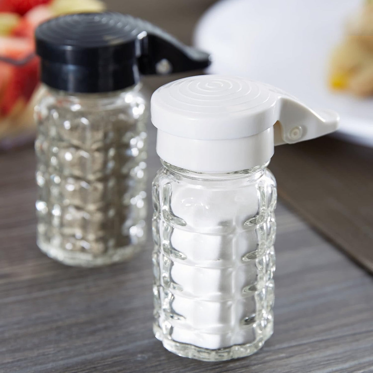 Moisture Proof Salt & Pepper Shakers - 1.5 Oz - Glass w/Black & White Lids Spring Loaded, No Clog, Set of 2