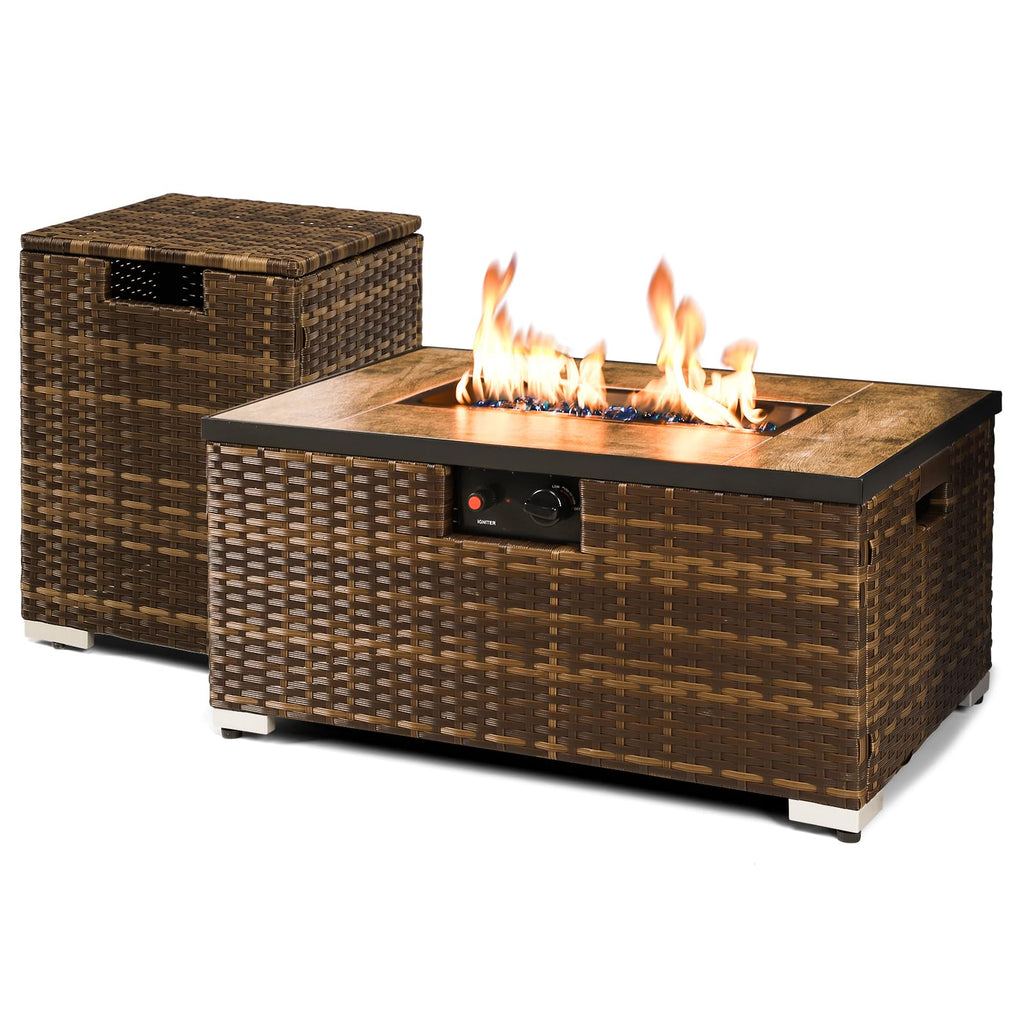 32'' Rattan Wicker Propane Fire Pit Table w/Tank Holder Rectangle