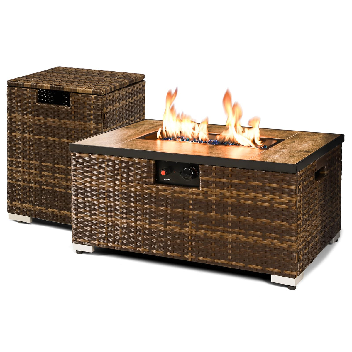 32'' Rattan Wicker Propane Fire Pit Table w/Tank Holder Rectangle