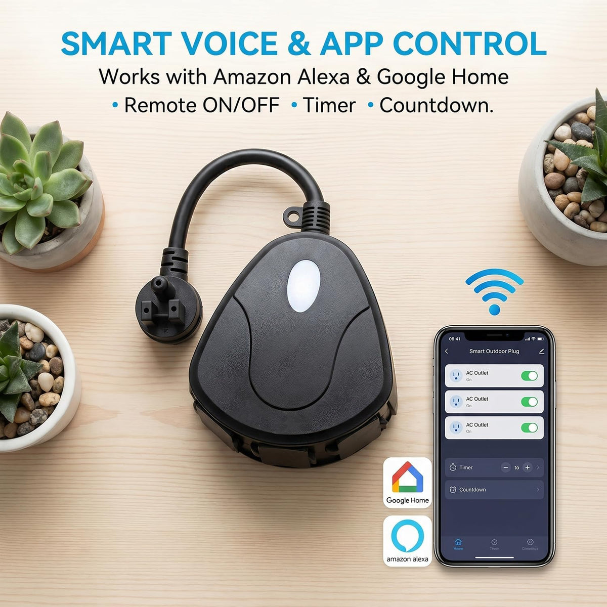 Outdoor Smart Plug 3 Outlets WiFi Power Strip, 15A 1875W Weatherproof Surge Protector with Timer Countdown