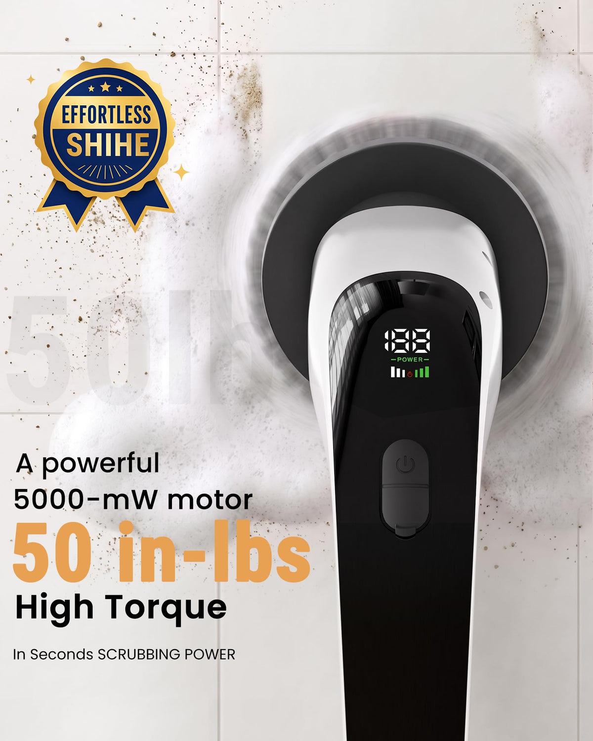 Electric Spin Scrubber, 50 in-lbs High Torque Shower Scrubber & Retractable Long Handle, 10-in-1 Variable Speed