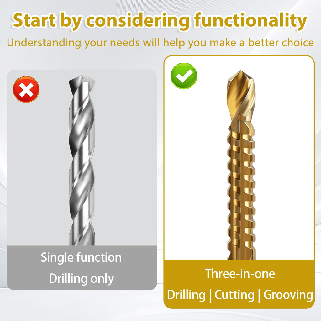 YUENTOEN 5Pcs Titanium Coated HSS Twist Drill Bits, Hex Shank 3/4/5/6/8mm Head, Serrated Side Cutting Drill Bit for Carpenter Woodworking Wood Metal Plastic