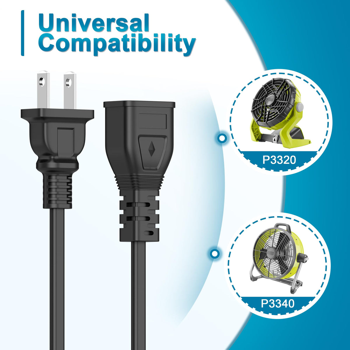 XHJTWOPY AC Power Cord for Ryobi P3320 P3340 PCL811 ONE+ Fan Cable
