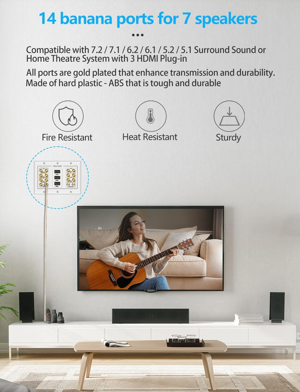 3 Gang 7.2 Surround Sound Distribution Home Theater Wall Plate | Copper Banana Binding Post Coupler Type