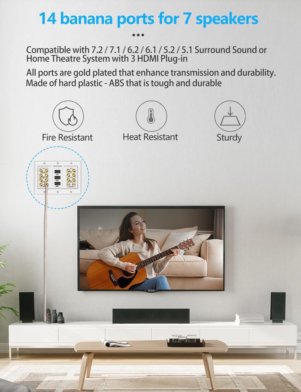 3 Gang 7.2 Surround Sound Distribution Home Theater Wall Plate | Copper Banana Binding Post Coupler Type