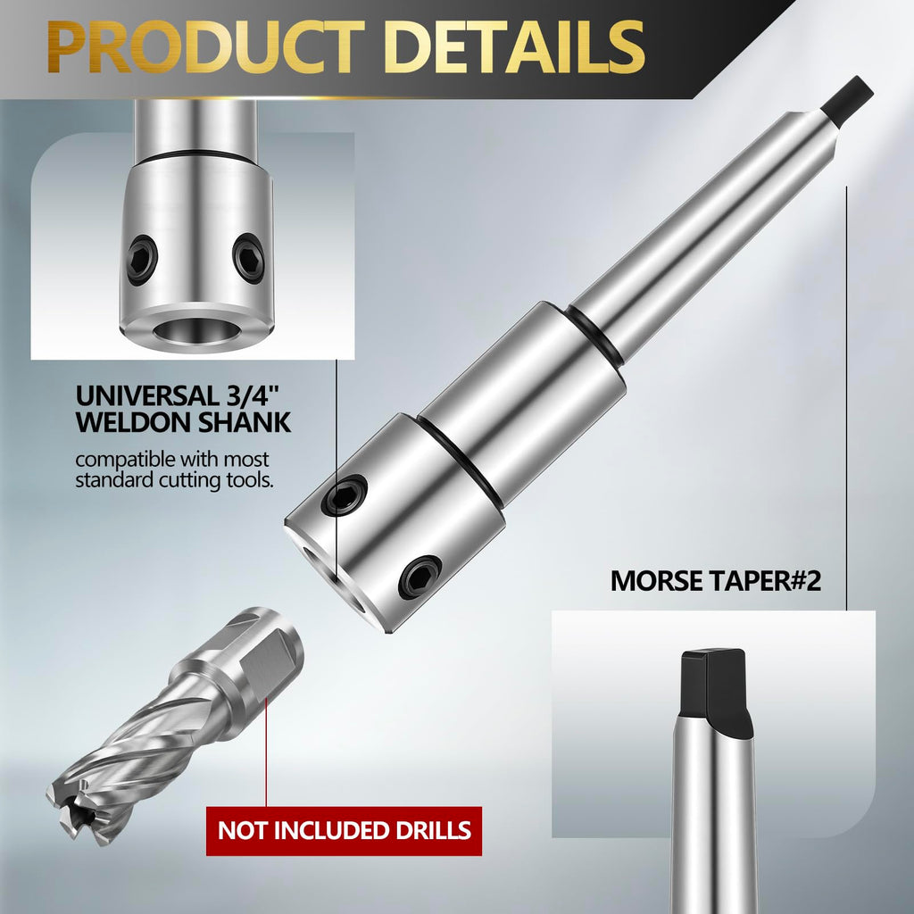 Lanties Annular Cutter Arbor Adapter, Morse Taper MT2 to 3/4" Weldon Shank for Drill Press & Milling Machine, Chrome Steel, High Precision CNC Machined, with Set Screws & Pilot Pin