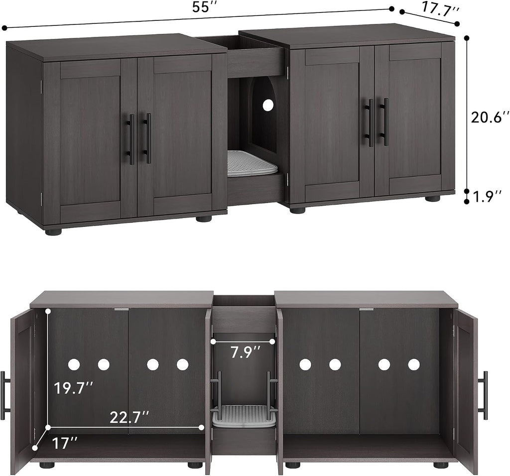 Double Cat Litter Box Enclosure for 2 Cats with Storage, Antique White