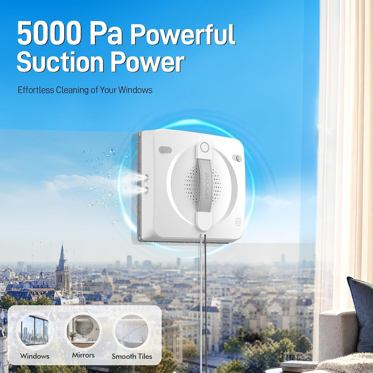 Window Cleaning Robot, 5000Pa Sauction with 4 Water Spray, 10-Stage Protection System, Intelligent Path Planning, 3