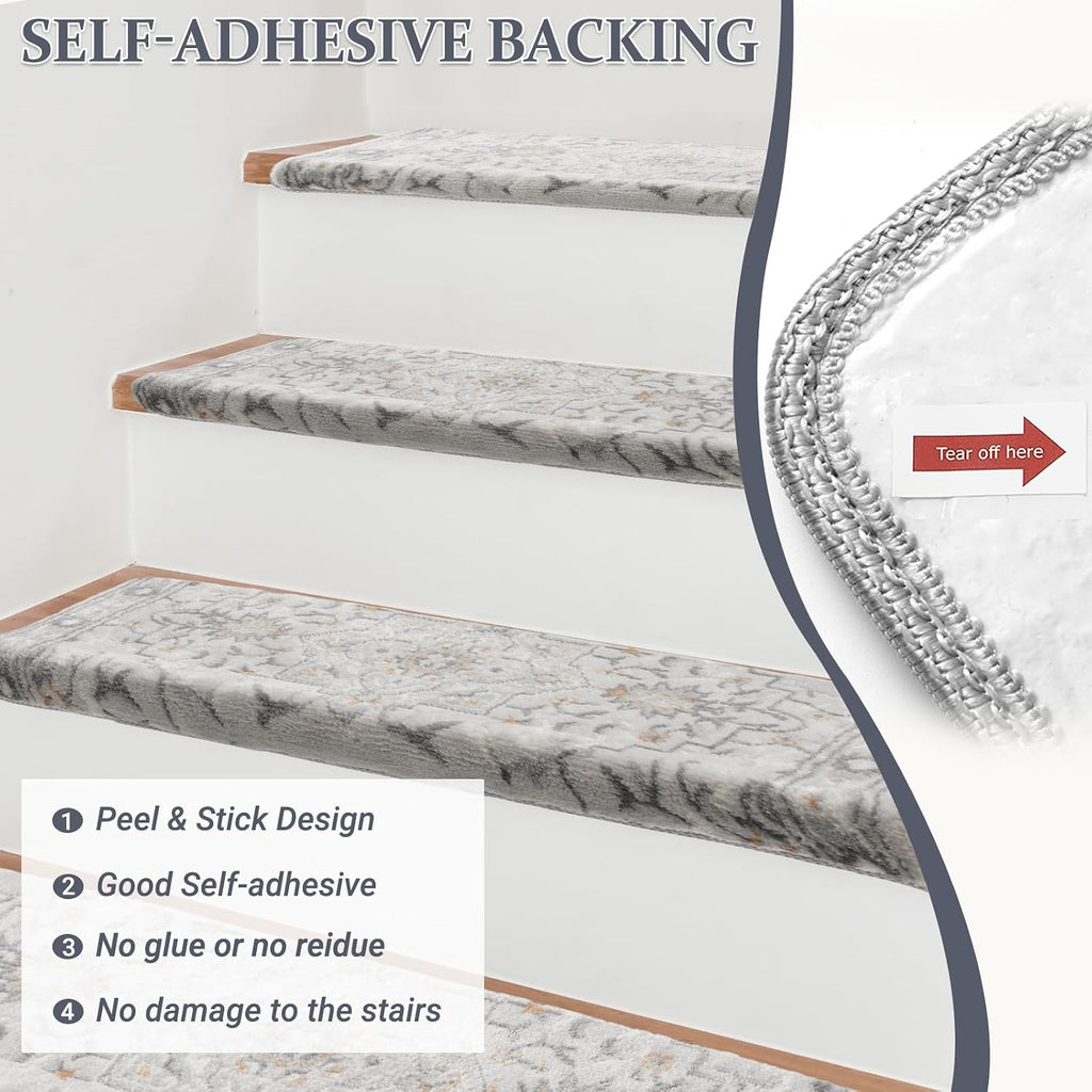 Bullnose Stair Treads for Wooden Steps, 14 Pack 30"x9.5" Non Slip Carpet Stair Treads, Peel and Stick Stair Carpet