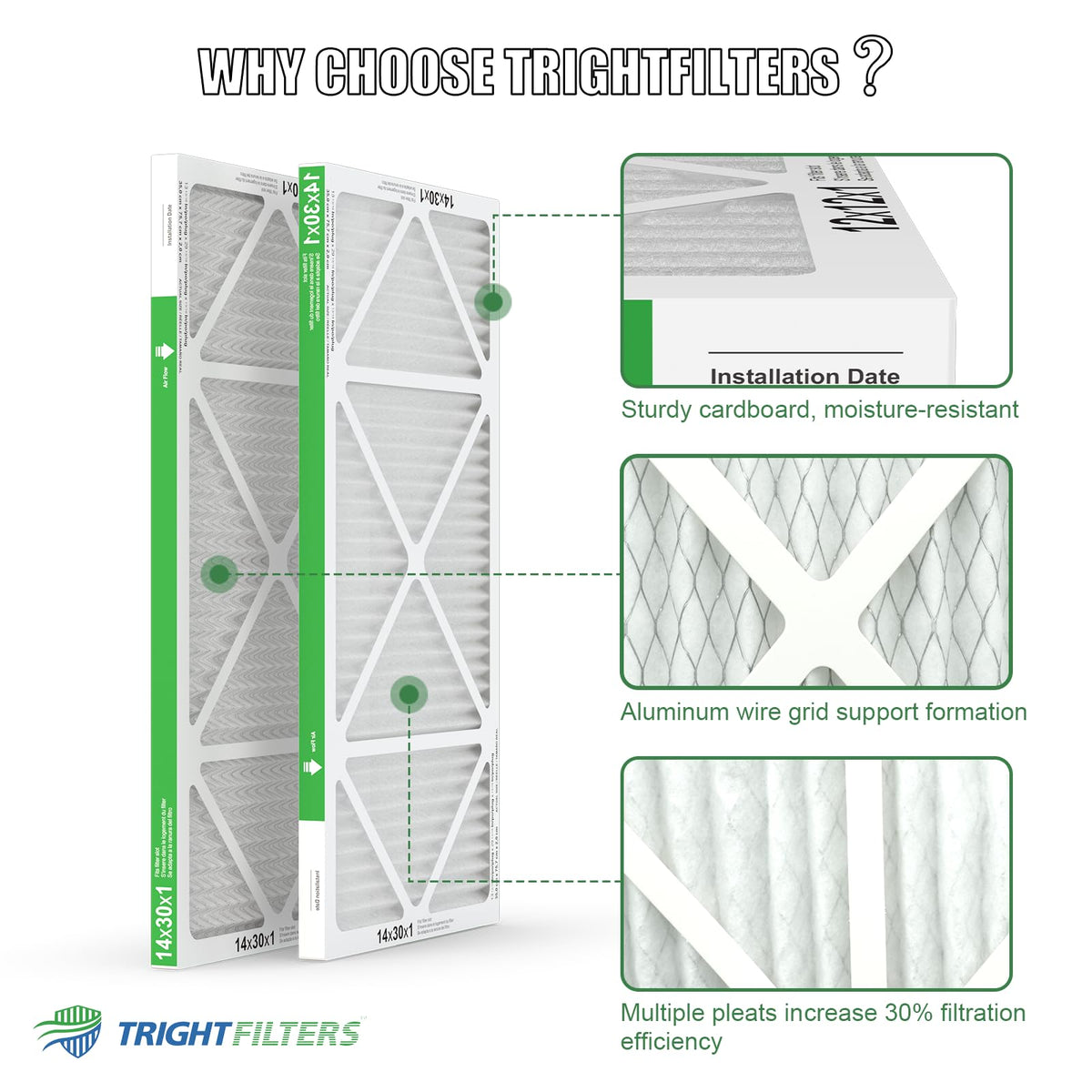 14x30x1 Air Filter 4 Pack, MERV 8 Pleated HVAC Furnace Filter