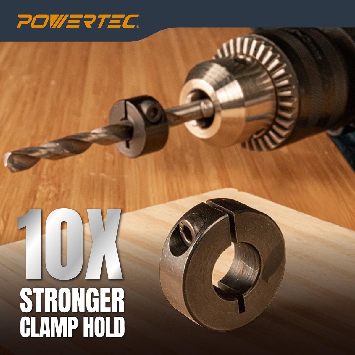 POWERTEC 7-Piece Metric Drill Bit Depth Stop Collar Set, 3mm-12mm (71492) | Adjustable Drill bit Depth Stop Collars with Size Markings for Woodworking & doweling. Includes hex Key Wrench