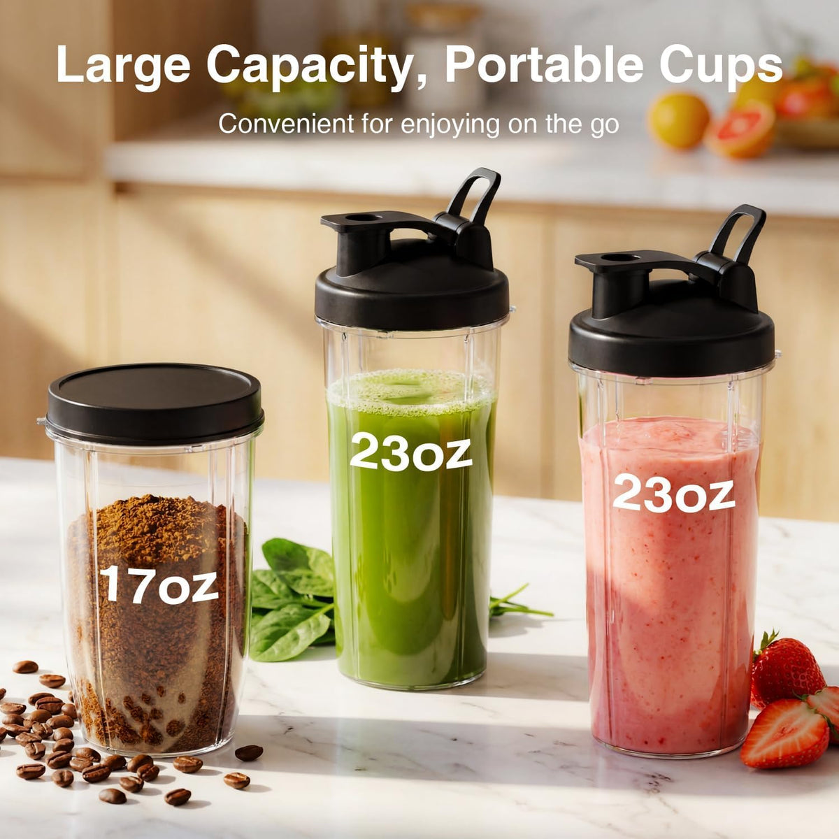 Smoothie Blender Kitchen, 900W Personal Blenders with 3 To-Go Cups | (2) 23oz & 16oz Cups, Blend Smoothies Shakes