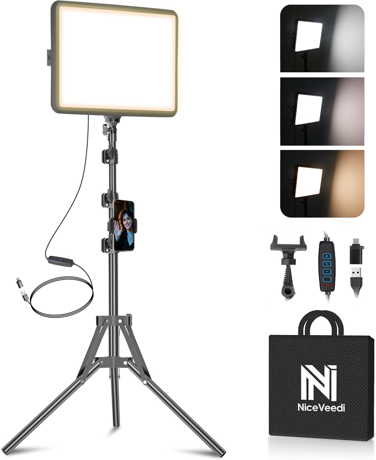 1-Pack Photography Lighting Kit, 2800-6500K Bi-Color LED Video Light Kit, Dimmable Studio Light with Tripod Stand &