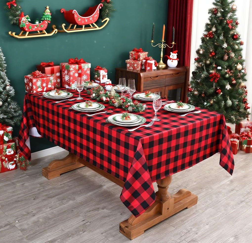 Waterproof Christmas Plaid Tablecloth Fabric - Red Oblong 52x70 Inch Classic Buffalo Tartan Festive Table Cloth for