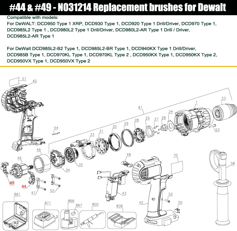 N031214 Replacement Brush Holder Assembly Compatible with DeWalt DCD930, DCD985, DCD980, DCD970, DCD950, DCD950B Hammer Drill replaces N031214SV, N022272,N022271 Brush Box Set