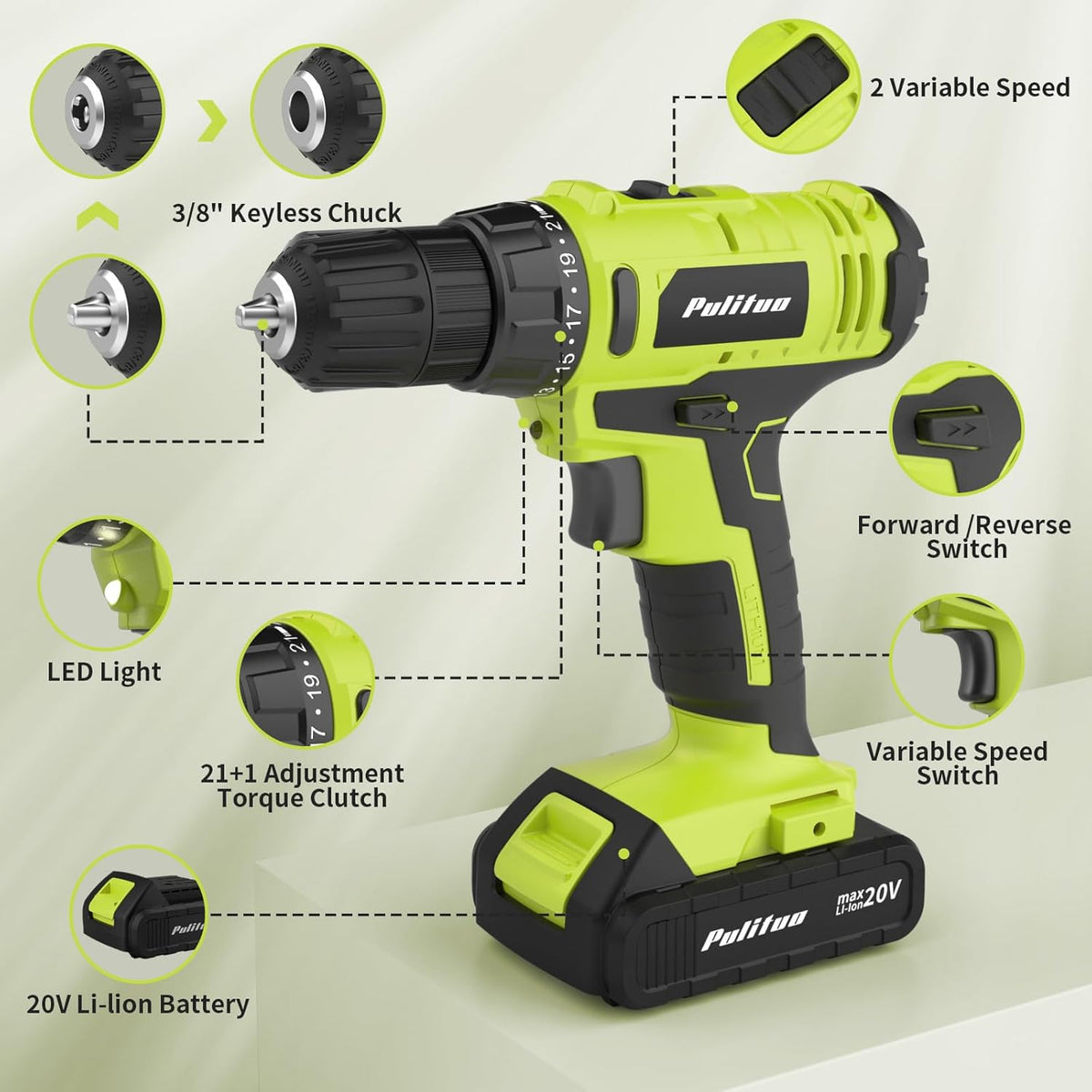 'S 20V Cordless Drill/Driver, Electric Screwdriver - 2 Batteries, 30Nm, 21+1 Torque, 2 Speed, Keyless 3/8" Chase