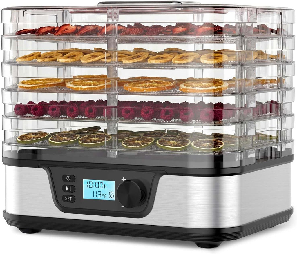 5-Tray Food Dehydrator with 72H Timer, Adjustable Temperature | Metallic Silver, BPA-Free Trays, 350W